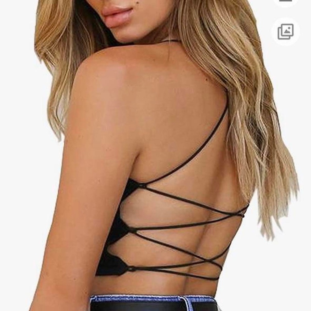 Black spaghetti strap criss cross crop top